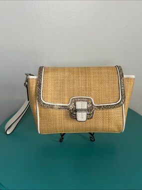 Coach Taylor City Natural Straw Wristlet  Clutch White Trim Taupe Snake Accent